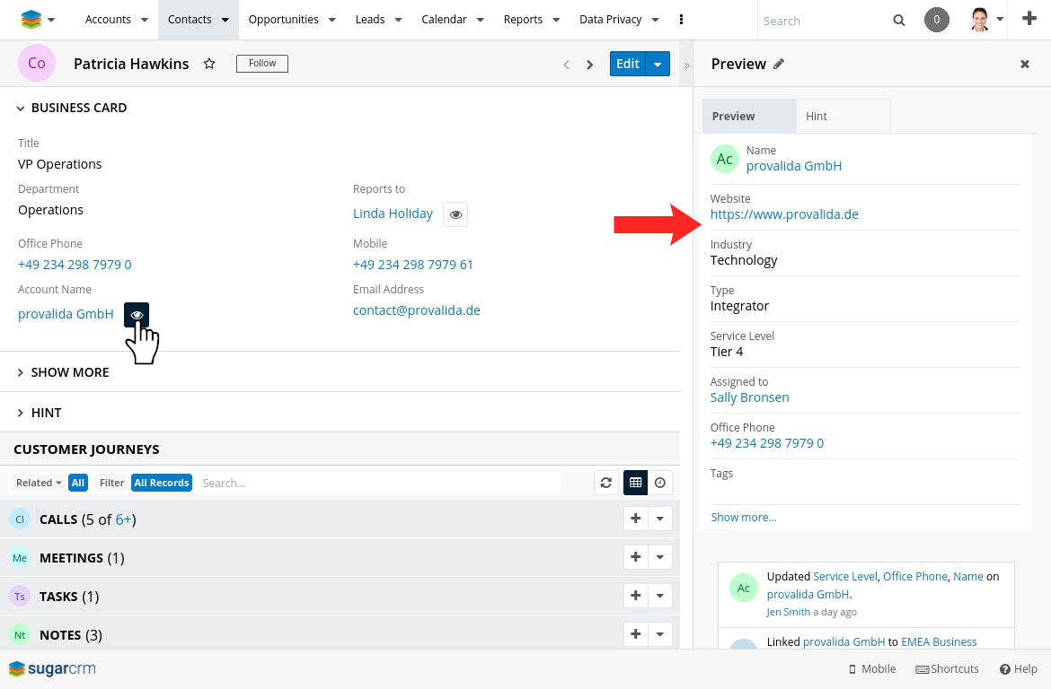 pvView preview opened in SugarCRM