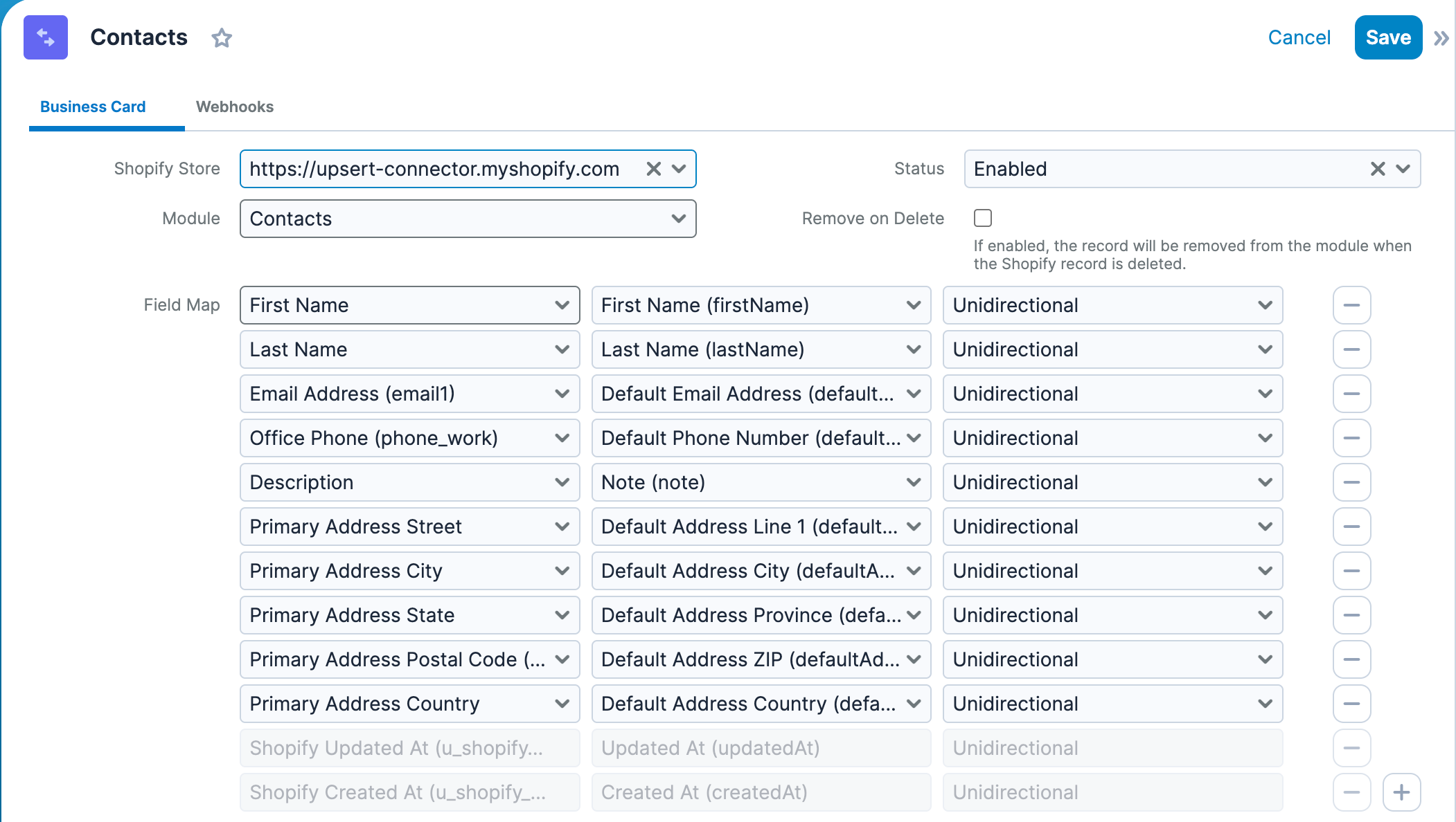 Upsert® Connector for Shopify Field Mapping