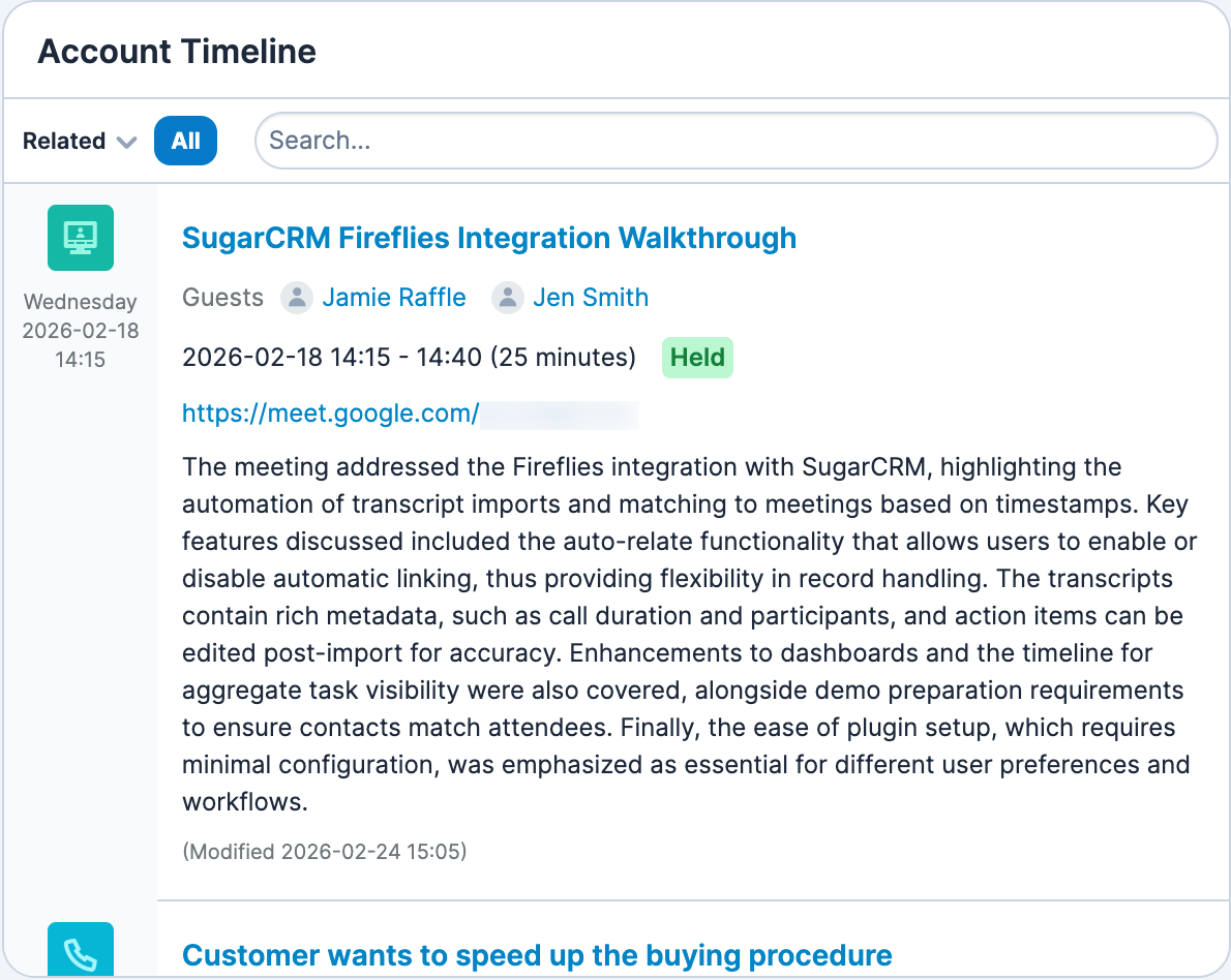Account Timeline Dashlet Displaying Fireflies Summary