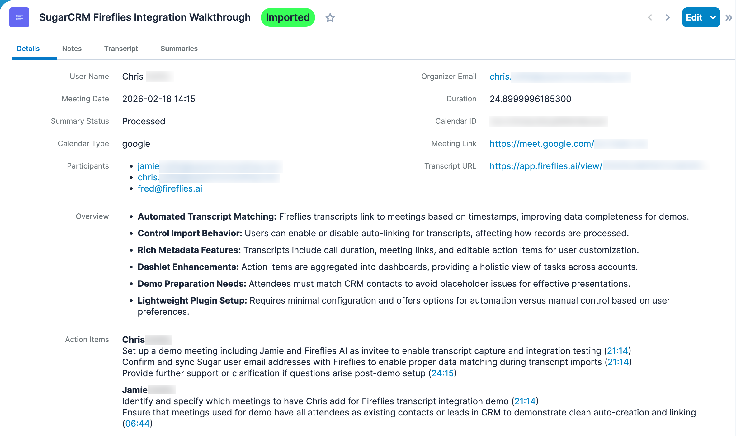 Fireflies Transcript Record View